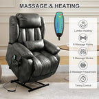 EDILLY Large Reclining Lift Chair, Dual Motor Massage Chair, Genuine Leather Recliner with Heating and Massage for Seniors, with Double Lumbar Cushion and Extended Footrest, USB Port(Silver Grey)
