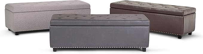 SIMPLIHOME Hamilton 48 inch Wide Transitional Rectangle Storage Ottoman in Cloud Grey Linen Look Fabric, Assembled, For the Living Room, Entryway and Family Room