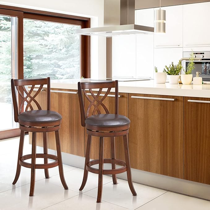 COSTWAY Bar Stools Set of 4, 360° Swivel Chairs with Rubber Wood Frame, 30-Inch PU Leather Cushioned Seat and Footrests, for Kitchen Island, Dining Room, Bar (Brown-30 inches, 4 stools)