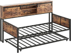 LIKIMIO Daybed with Trundle Bed, Sofa Bed Twin with Charging Station, with Storage Headboard & Strong Support, for Living Room, Bedroom and Guest Room, Industrial Brown