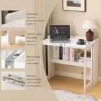 Folding Table with Storage Shelf,32.7 Inch Foldable Computer Desk for Small Spaces,Small Writing Desk for Bedroom Home Office Dorm and Apartment (White)