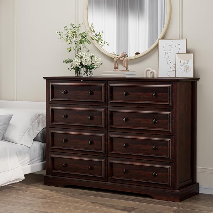Farmhouse 8 Drawer Dresser for Bedroom, 54" Wide Wood Dresser with Natural Texture, Vintage Metal Double Hand Knobs, Rustic Chest of Drawers for Bedroom, Living Room, Hallway, Cherry