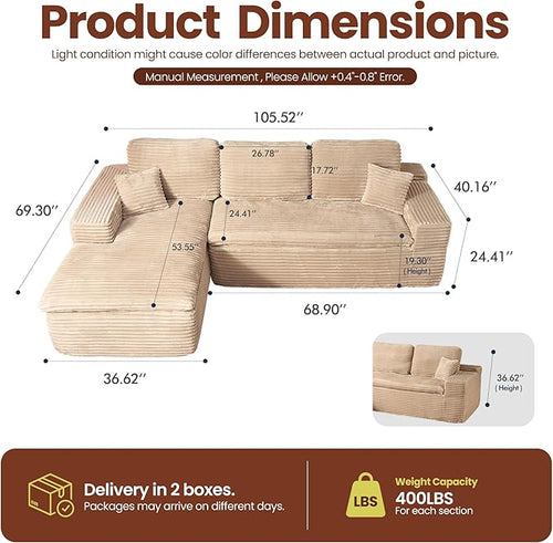106" Oversized Couch Sofa, L Shape Couches for Living Room, No Assembly Required Plush Velvet Sectional Sofas with Left Facing Chaise for Home Apartment