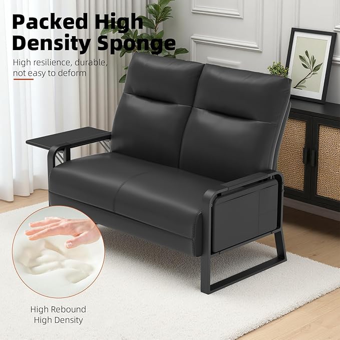 Faux Leather Loveseat, Upholstered Loveseat with Side Tray Table & Storage Pocket, Small Loveseat for Living Room, Modern 2 Seater Sofa Couch for Small Spaces, Bedroom, Black