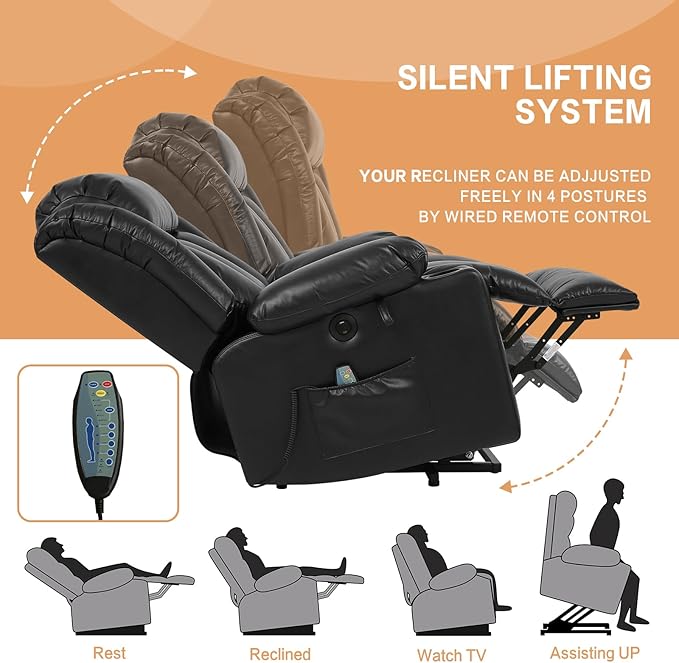 PARKOL Power Lift Recliner Chair for Elderly Breathable Leather Recliner Chair with Massage and Heat for People Limited Mobility (Black, Small)