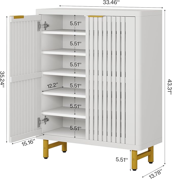 Tribesigns Shoe Cabinet with Shutter Doors, 6-Tier Entryway Shoe Cabinet with Adjustable Shelves, Wooden Modern Rack Organizer for Entryway, Hallway, Closet, Living Room, White