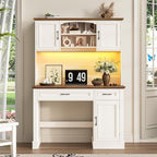 Farmhouse 47" Executive Desk with Hutch, 2 Drawers and LED Light, Computer Desk with Storage Cabinet and Charging Station,Workstation for Home Office and Study.Unique White