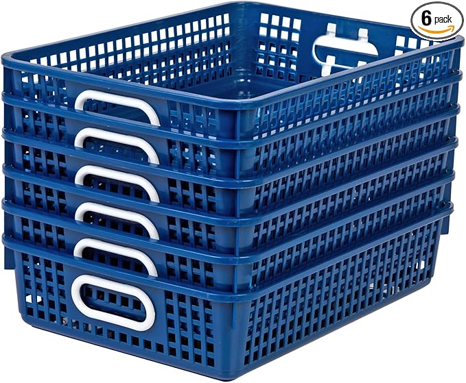 Really Good Stuff Paper Basket, 14" x 10" x 3-1/4" - 6 Pack, Navy, Plastic Mesh Paper Basket for Classroom, Home and Office, Fits A4 Paper, Documents, Files, Magazines