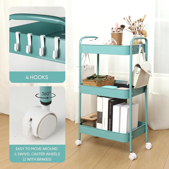 3 Tier Organizer Cart on Wheels, Metal Rolling Storage Cart with Wheels, Mobile Shelving Multifunction Storage Trolley with 4 Hooks fo Laundry Room Bathroom Kitchen Office, Green