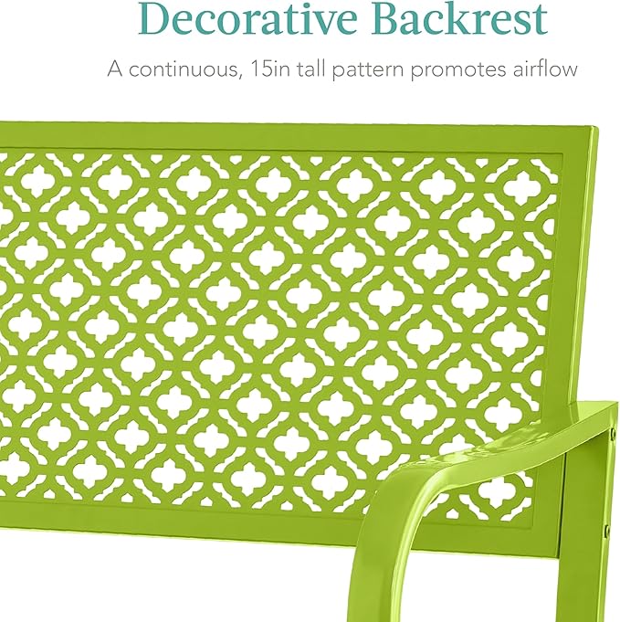 Best Choice Products Outdoor Bench 2-Person Metal Steel Benches Furniture for Garden, Patio, Porch, Entryway w/Geometric Backrest, 790lb Capacity - Lime Green