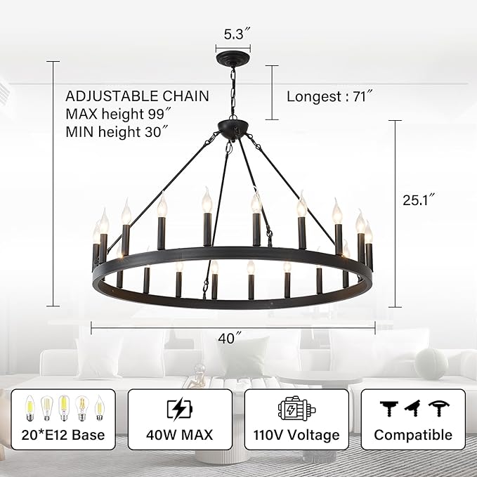 Black Wagon Wheel Chandelier 40 inch,20-Light Farmhouse Wagon Wheel Chandeliers Round Industrial Ceiling Light fixtures for Outdoor Porch high Ceilings Living Dining Room Foyer Entryway