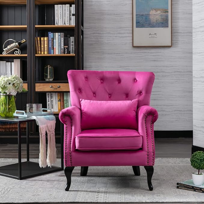 Accent Reading Arm Chairs Set of 2 for Living Room Bedroom, Midcentury Modern Comfy Corner Sofa Chair, Wingback Waiting Room Club Chair with Button Tufted Back &Lumbar Pillow, Velvet Rose