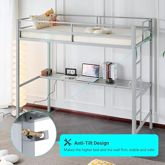 Karl home Twin Metal Loft Bed with Desk, with Power Outlet and LED Lighted, Safety Guardrail & Ladder, Space Saving, No Noise, No Box Spring Needed, Grey