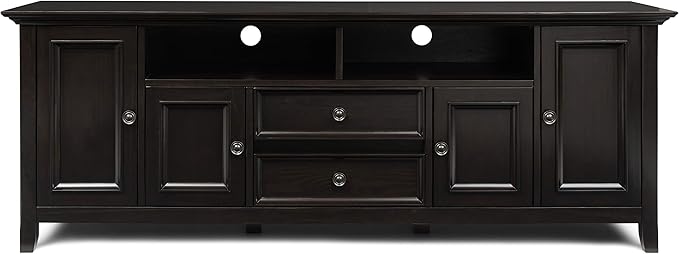 SIMPLIHOME Amherst 72-inch Wide Solid Wood TV Stand in Hickory Brown, Transitional-Style Media Console for Living Room with Cable Management and Adjustable Shelves, Fits 80" TVs