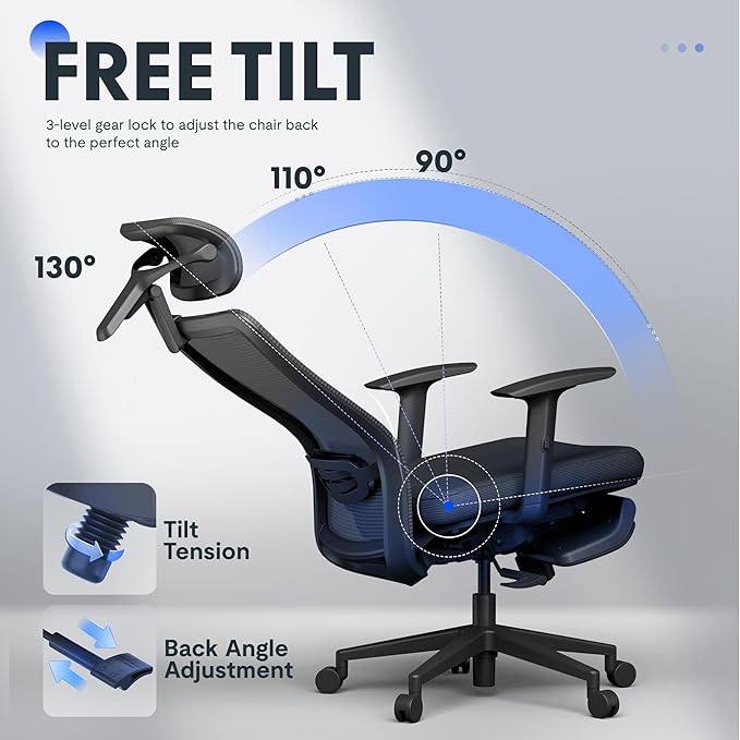 FLEXISPOT OC3 Cloud Ergonomic Office Chair with Footrest, Mesh Back Computer Chair, Home Office Desk Chairs, with Adjustable Lumbar Support/3D Headrest/Reliable Base, Elastic Foam Seat, Black, Cloud-F
