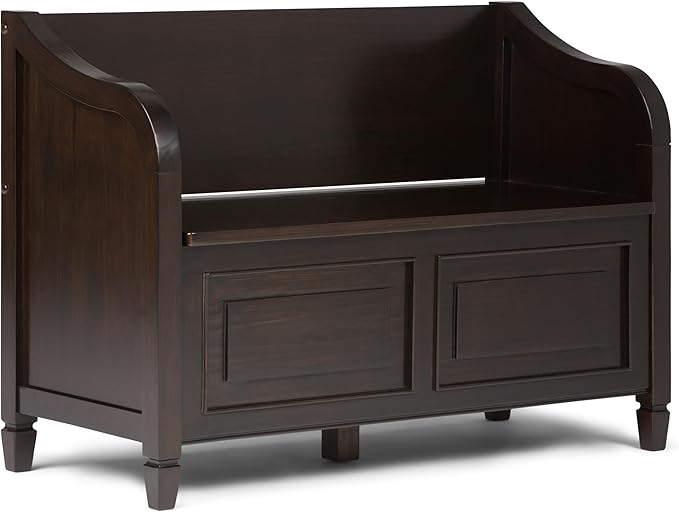 SIMPLIHOME Connaught Entryway Storage Bench - 42 inch Wide Solid Wood Storage Seat in Dark Chestnut Brown, Traditional Bench for Entryway or Living Room with Lift-Up Lid and Elegant Moulding Detail
