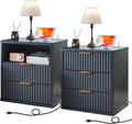 LEYAOYAO Fluted Farmhouse Nightstand Set of 2 with Charging Station, 23" Wide 2 & 3 Drawers Large End Table with Metal Handle, Navy Blue Night Stand Bedside Table, Wood Dresser for Bedroom,Closet
