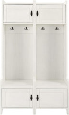 Crosley Furniture Fremont 2-Piece Hall Tree Entryway Set with Storage Cabinets and Coat Rack Hooks, Distressed White