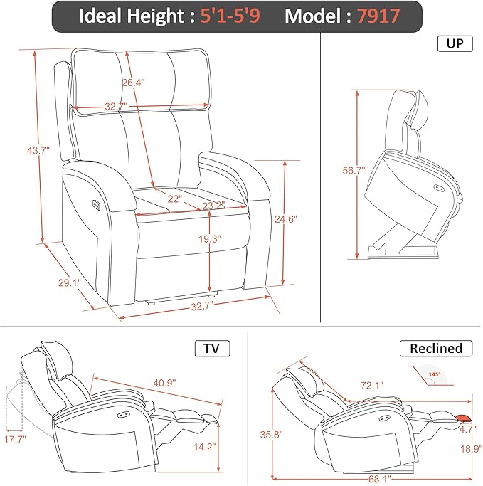 MCombo Power Lift Recliner Chair Sofa with Massage and Heat, Adjustable Headrest for Elderly People, Solid Wood Armrest, USB Ports, Side Pockets, Faux Leather 7917 (Tawny, Medium)