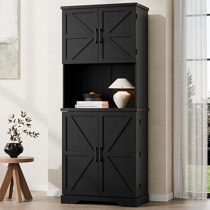 Cozy Castle 74" Farmhouse Pantry Cabinet with Charging Station, Tall Kitchen Storage Hutch Cabinet Coffee Bar Workstation, Sideboard Buffet Cupboard for Dining Room Living Room Furniture, Black