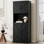 Cozy Castle 74" Farmhouse Pantry Cabinet with Charging Station, Tall Kitchen Storage Hutch Cabinet Coffee Bar Workstation, Sideboard Buffet Cupboard for Dining Room Living Room Furniture, Black