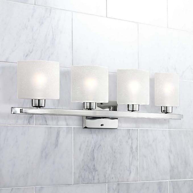 Possini Euro Design Modern Wall Light Chrome Silver Metal Hardwired 32" 4-Light Fixture White Linen Glass Shades for Bedroom Bathroom Mirror Vanity Reading Living Room Hallway House Home Decor