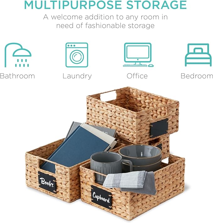 Best Choice Products Set of 4 9x12in Water Hyacinth Pantry Baskets, Woven Organizers w/Chalkboard Label, Chalk Marker - Natural