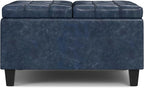 SIMPLIHOME Harrison 30 inch Wide Transitional Square Small Coffee Table Storage Ottoman in Denim Blue Vegan Faux Leather, Assembled, for The Living Room and Bedroom