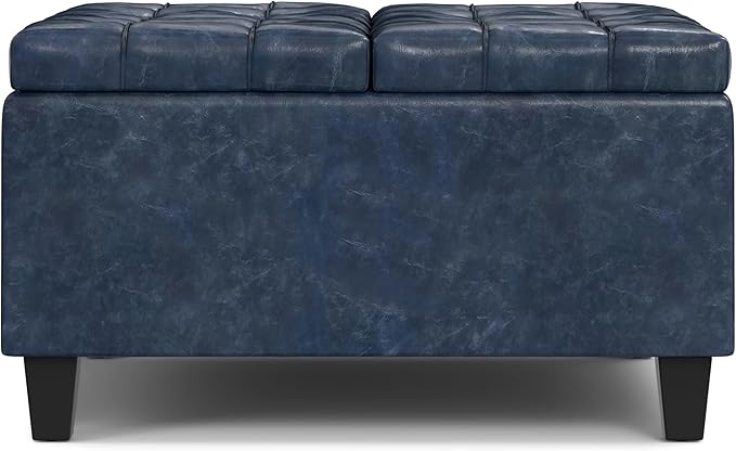 SIMPLIHOME Harrison 30 inch Wide Transitional Square Small Coffee Table Storage Ottoman in Denim Blue Vegan Faux Leather, Assembled, for The Living Room and Bedroom