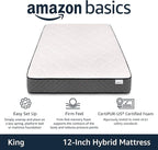 Amazon Basics Gel-Infused Memory Foam Mattress, 12-Inch Hybrid, Cushion Firm, Cool Touch, CertiPUR-US® Certified Foam, King, White / Gray