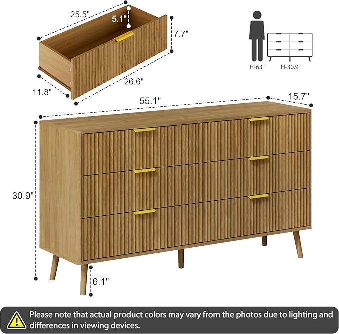 LYNSOM Fluted Dresser and Nightstand Sets 4 Piece, 2-Drawer Nightstands and 5/6 Drawers Dresser, Wood Bedroom Furniture Set for Home, Bedroom, Hallway, Natural Oak