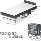 Folding Bed with Mattress for Adults, 75" x 31" Foldable Bed with Headboard and Side Pocket, Twin Size Metal Bed Frame with Wheels, Portable Rollaway Bed for Guest, Travel