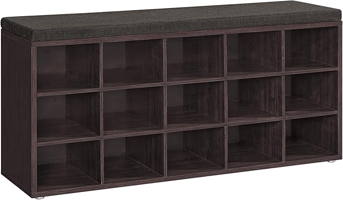 VASAGLE CUSTOS Collection - Shoe Bench, Storage Bench with Padded Seat, Entryway Bench with 15 Compartments, for Bedroom, 11.8 x 41.3 x 18.9 Inches, Espresso Brown and Chestnut Brown ULHS15BR