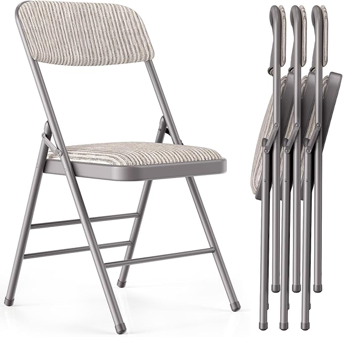 Commercial Grade Folding Chair with Padded Fabric Cushion（16"X16" |Double-hinged Legs Luxury Style|4.5kg Capacity Max Weight 150Kg for Home and Office,Indoor and Outdoor Events (4, Fabric-Beige)