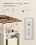 VASAGLE Side End Table with Charging Station, Slim Nightstand with 2 Drawers, Narrow Bedside Table for Living Room, Small Spaces, Honey Brown and Rustic White ULET321W01S