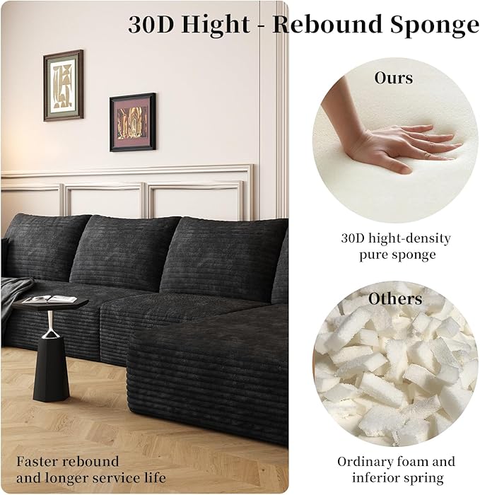 135.4" Large Cloud Modular Sectional Sofa with L-Shape Chaise, Deep Seat Upholstered Couches for Living Room，No Assembly Required, Corduroy Pet-Friendly Fabric (Black, Right Facing Chaise)