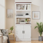 MHOM 71" Tall Bookshelf with Doors, 5 Tiers Farmhouse Bookcase with Adjustable Shelves, Wooden Rustic Display Cabinet for Home Office, Living Room, White