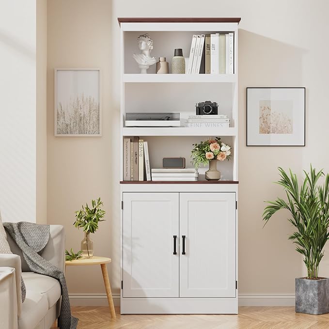 MHOM 71" Tall Bookshelf with Doors, 5 Tiers Farmhouse Bookcase with Adjustable Shelves, Wooden Rustic Display Cabinet for Home Office, Living Room, White