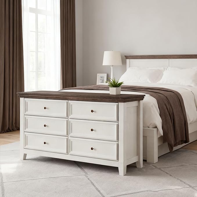 BLANKSPACE 6 Drawer Dresser, Modern Dresser for Bedroom, Wood Drawer Organizer with Metal Knobs, Large Capacity Cabinet for Bedroom, Antique White