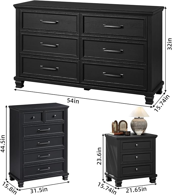 Farmhouse Bedroom Dresser and Nightstand Set of 4, 6 Drawer Tall & Low Dresser & 3 Drawer Nightstand Set with Wooden Legs, Rustic Wood Bedroom Furniture Sets for Livingroom, Hallway, Black