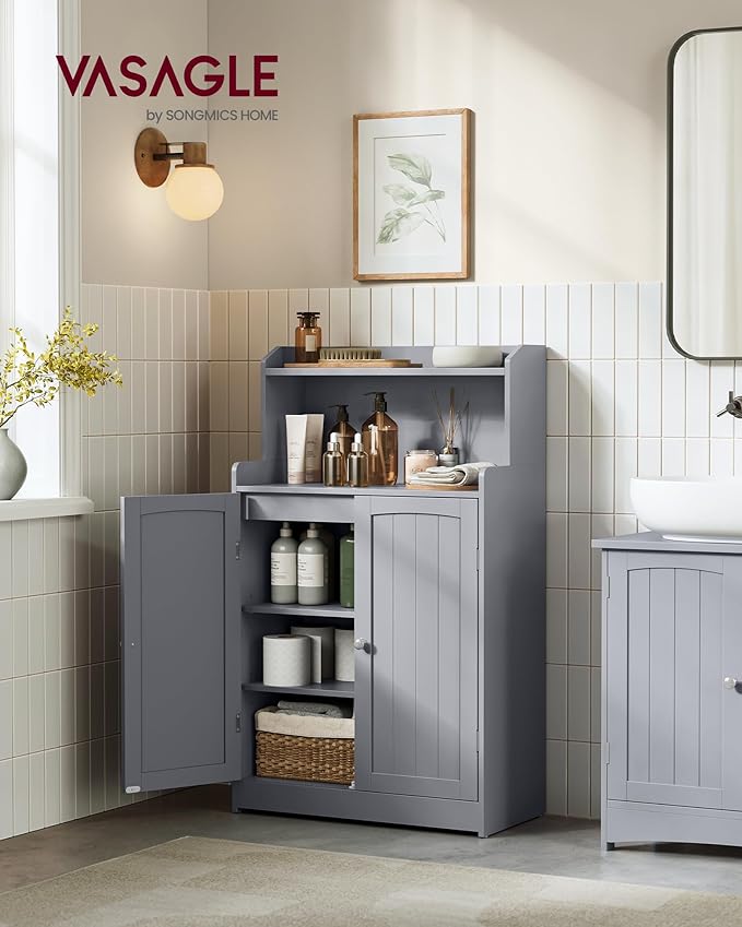 VASAGLE 39.4-Inch Tall Storage Cabinet, Floor Cabinet with 2 Doors, 2 Adjustable Shelves, Freestanding, for Bathroom, Kitchen, Living Room, Dove Gray UBBC770G02