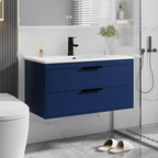 eclife 36" Bathroom Vanities Cabinet with Sink Combo, Wall Mounted Floating Cabinet W/Decor Line, Soft-Close System, 2 Extra Big Drawers, Matte Black Faucet, Navy Blue