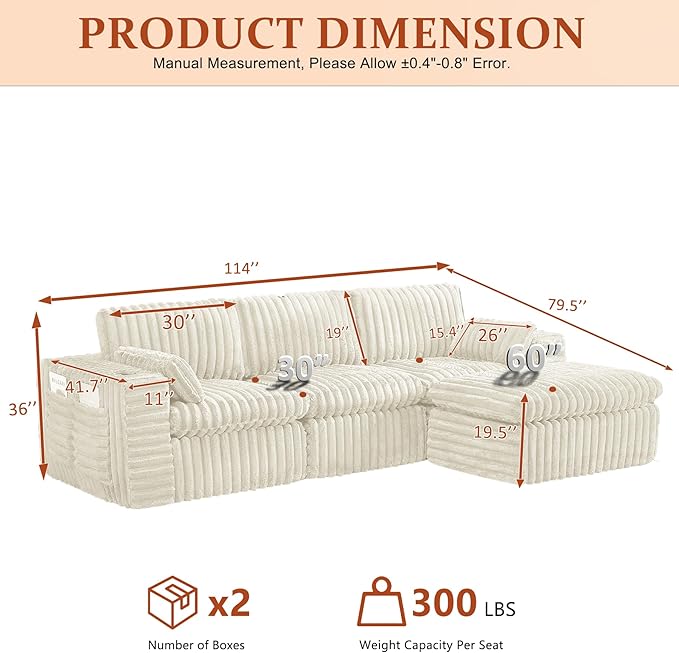 114" Cloud Boneless Sectional Couches for Living Room, Modular Sectional Sofa with Cup Holder, Cozy Fluffy L Shaped Deep Seat Boneless Couch with Storage Pocket, No Assembly Required, Beige