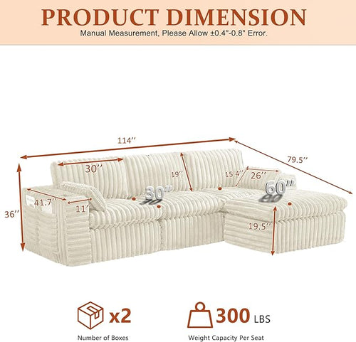 114" Cloud Boneless Sectional Couches for Living Room, Modular Sectional Sofa with Cup Holder, Cozy Fluffy L Shaped Deep Seat Boneless Couch with Storage Pocket, No Assembly Required, Beige