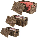 mDesign Woven Water Hyacinth Rectangle Storage Organizer Basket Bin with Topper Lid and Handles - Natural Farmhouse Holder Containers for Closet, Bedroom, Bathroom, Office - Set of 3 - Dark Brown