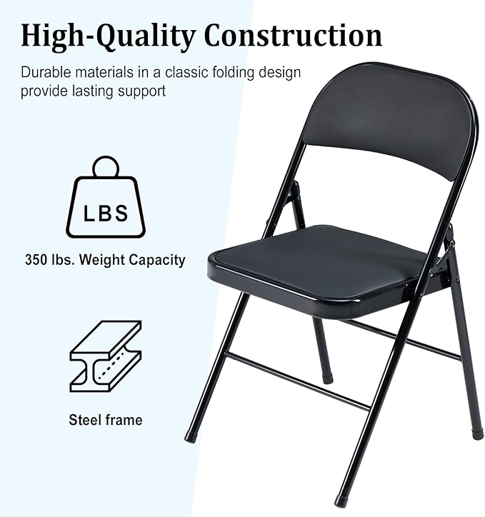 6 Pack Black Folding Chairs with Padded Cushion and Back, Foldable Indoor Outdoor Chairs with 330-LBS Capacity, Portable Heavy Duty Metal Frame Commercial Seat for Kitchen, Party, Events, Wedding