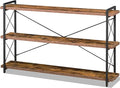 HCHQHS Bookshelf, 3-Tier Long Industrial Bookcase, Rustic Open Book Shelf, Freestanding Horizontal Bookshelves with Metal Frame