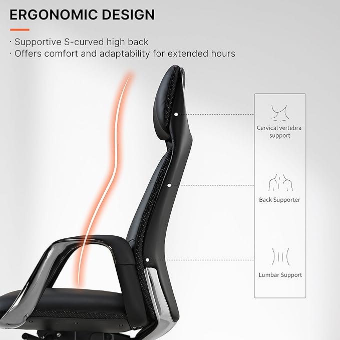 EUREKA ERGONOMIC Serene Executive Office Chair Genuine Leather Office Chair, Modern Executive Chair 135° Back Support Comfy Desk Chair with Arms & Aluminum Base for Home-Black