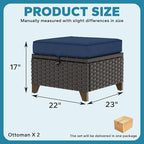 2 Pieces Patio Outdoor Ottomans with Removable and Washable Covers，PE Rattan Wicker Footstools for Porch, Garden, Sunroom (Navy Blue)