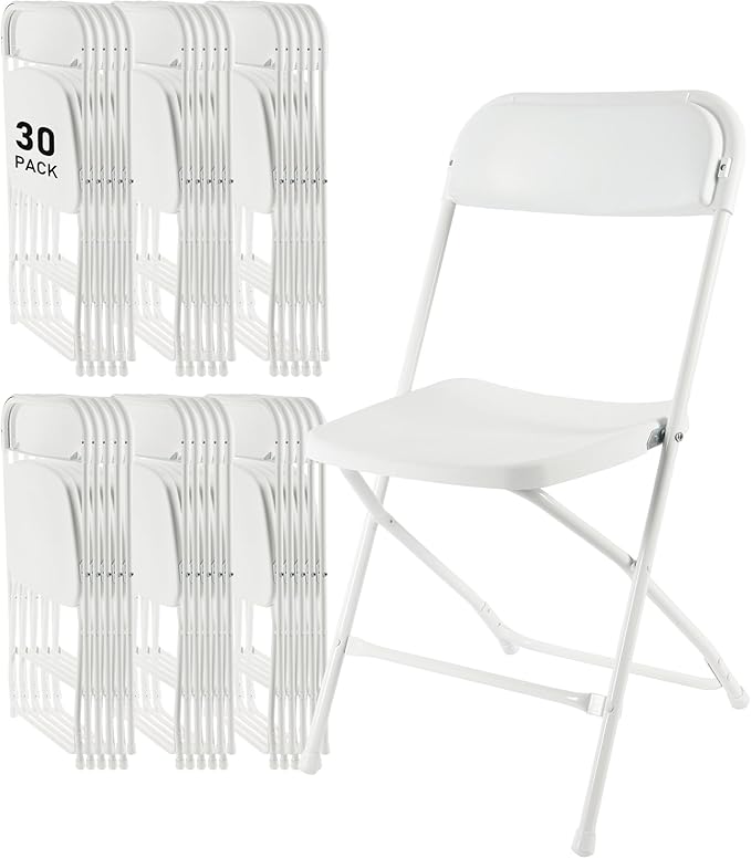 SEALAMB Plastic Folding Chairs 30 Pack, White Commercial Portable Indoor/Outdoor Chairs for Home Office, Wedding, Events Parties with Steel Frame, 350lbs Capacity (White-Plastic, 30 Pack)